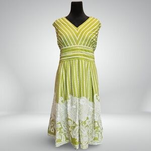 Avenue Green White Floral Pleated A-Line Sleeveless V-Neck Midi Dress 50s sz 24❥